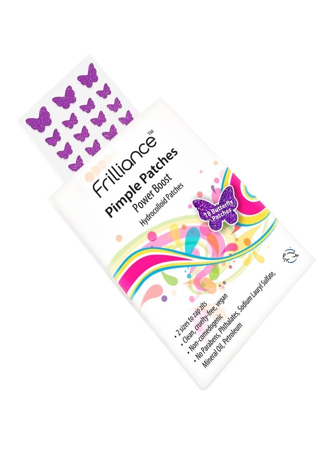 Frilliance Purple Butterfly Shaped Power Boost Salicylic & Hydrocolloid Acne Pimple Patches for Zits and Blemishes (18 Count, 2 Sizes), Vegan and Cruelty Free - Image 1